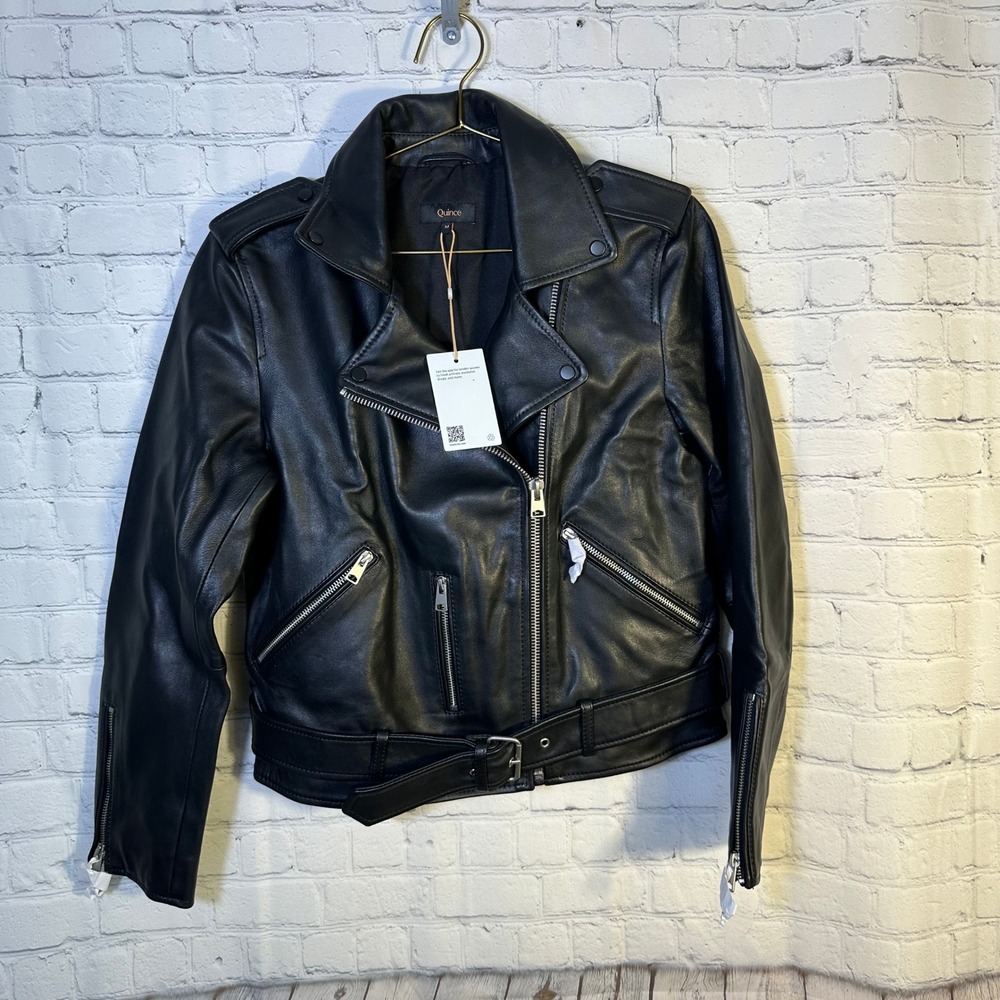 New Quince Women Black Top Grain Leather Biker‎ Moto Jacket Belted Size M NWT